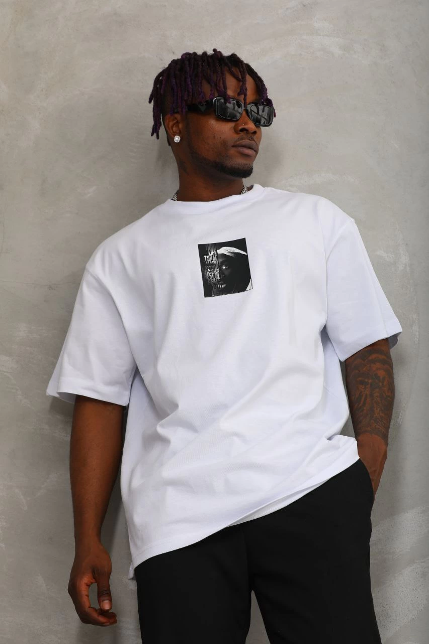 Erkek Kısa Kol Yazlık Tişört Bisiklet Yaka Baskılı Oversize T-Shirt – Beyaz