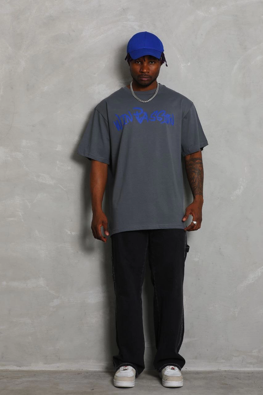 Erkek Baskılı Tişort Kısa Kol Bisiklet Yaka Oversize T-Shirt – Füme