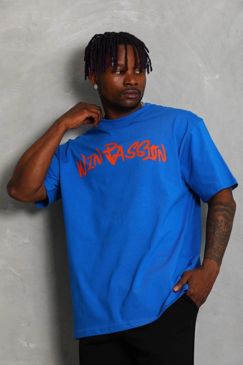 Erkek Baskılı Tişört Kısa Kol Bisiklet Yaka Oversize T-Shirt – Mavi