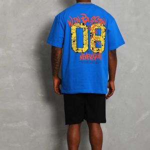 Erkek Baskılı Tişört Kısa Kol Bisiklet Yaka Oversize T-Shirt – Mavi