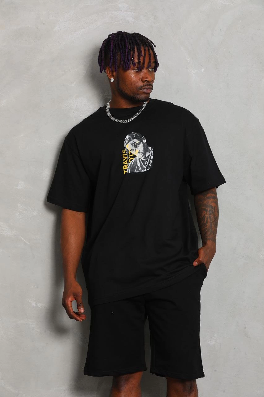 Erkek Baskılı Tişört Kısa Kol Bisiklet Yaka Oversize T-Shirt – Siyah