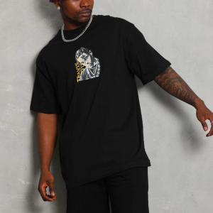 Erkek Baskılı Tişört Kısa Kol Bisiklet Yaka Oversize T-Shirt – Siyah