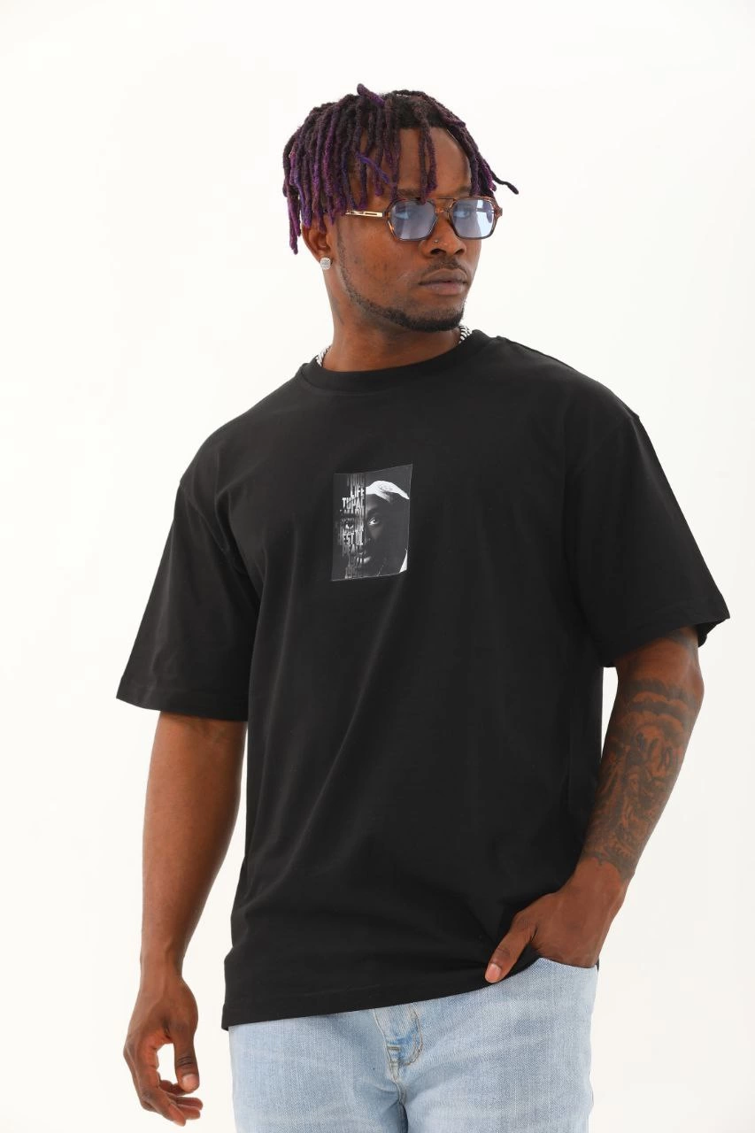 Erkek Kısa Kol Yazlık Tişört Bisiklet Yaka Baskılı Oversize T-Shirt – Siyah