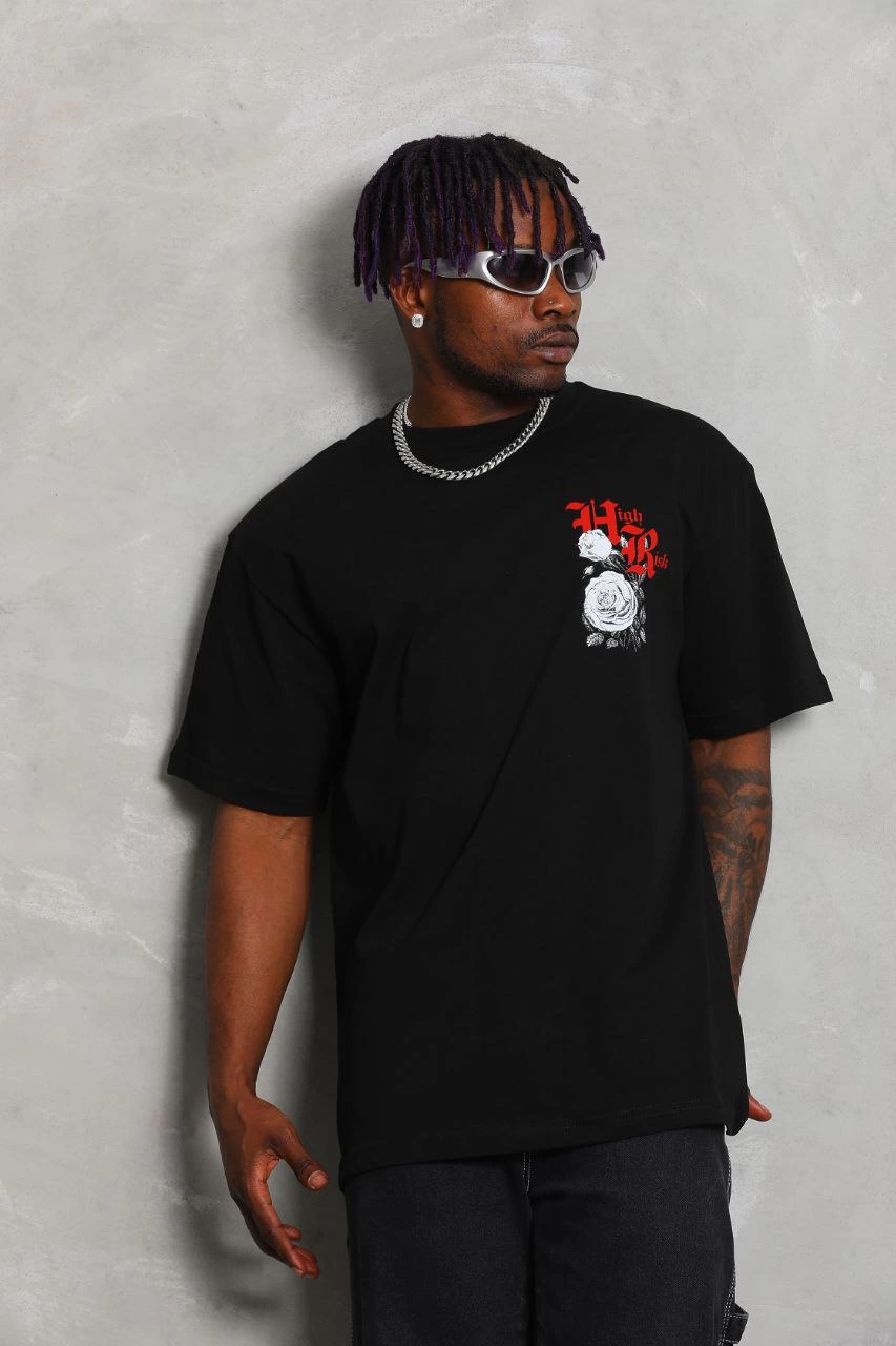 Erkek Kısa Kol Yazlık Tişört Bisiklet Yaka Baskılı Oversize T-Shirt – Siyah