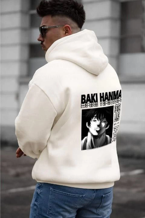 Erkek 3 İplik Pamuklu Kapüşonlu Baskılı Cepli Oversize Sweatshirt Hoodie – Beyaz