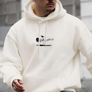 Erkek 3 İplik Pamuklu Kapüşonlu Baskılı Cepli Oversize Sweatshirt Hoodie – Beyaz