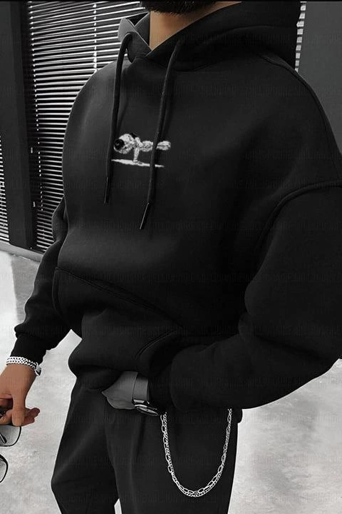 Erkek 3 İplik Pamuklu Kapüşonlu Baskılı Cepli Oversize Sweatshirt Hoodie – Siyah