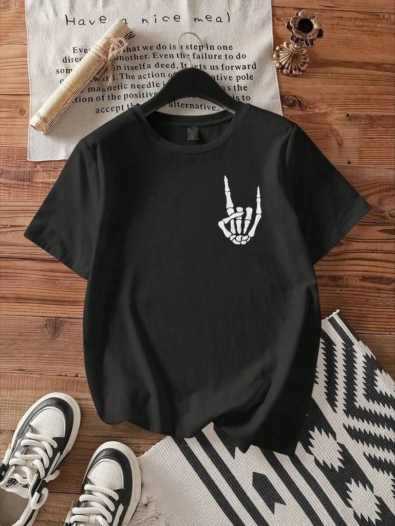 Erkek Baskılı T-Shirt Kısa Kol Bisiklet Yaka Regular Fit Rahat Kalıp Tişört – Siyah