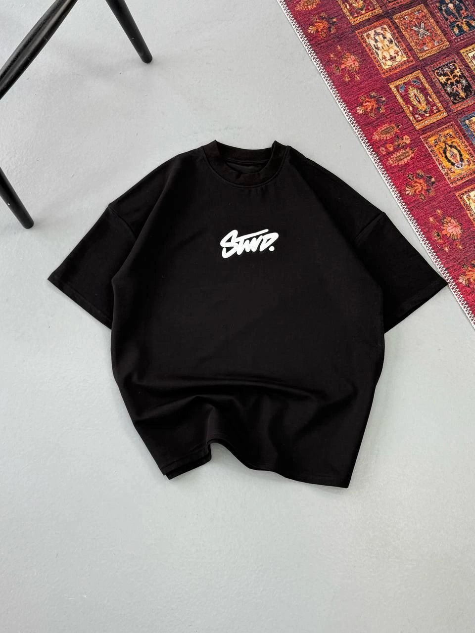 Erkek Kısa Kol Yazlık Tişört Bisiklet Yaka Baskılı Oversize T-Shirt – Siyah