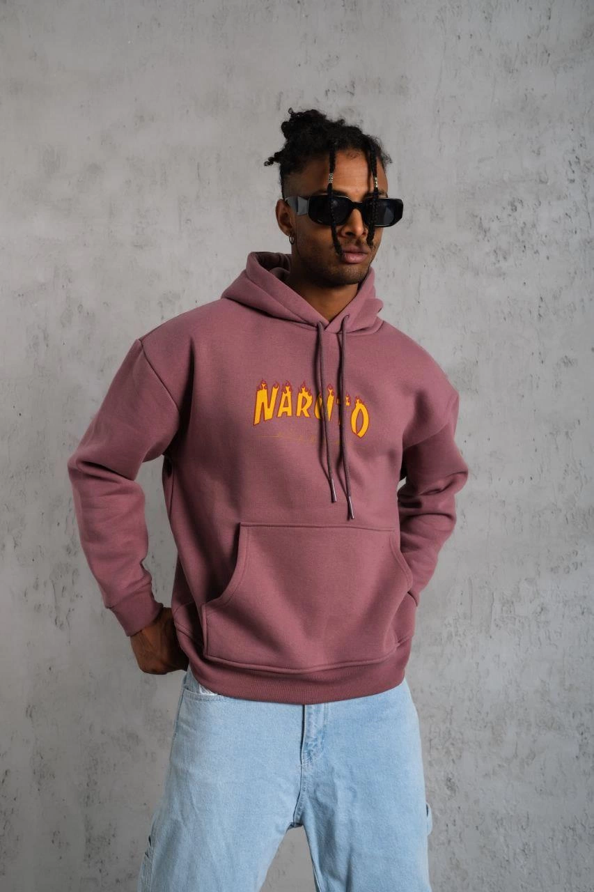 Erkek 3 İplik Pamuklu Kapüşonlu Baskılı Cepli Oversize Sweatshirt Hoodie – Gül Kurusu