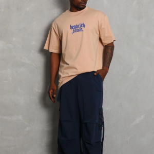 Erkek Baskılı Tişört Kısa Kol Bisiklet Yaka Oversize T-Shirt – Bej