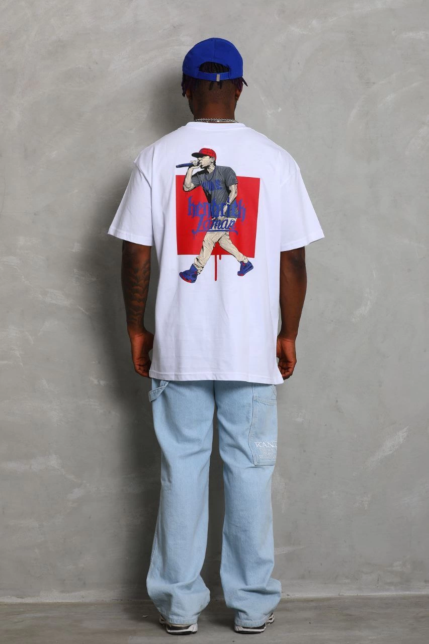 Erkek Baskılı Tişört Kısa Kol Bisiklet Yaka Oversize T-Shirt – Beyaz