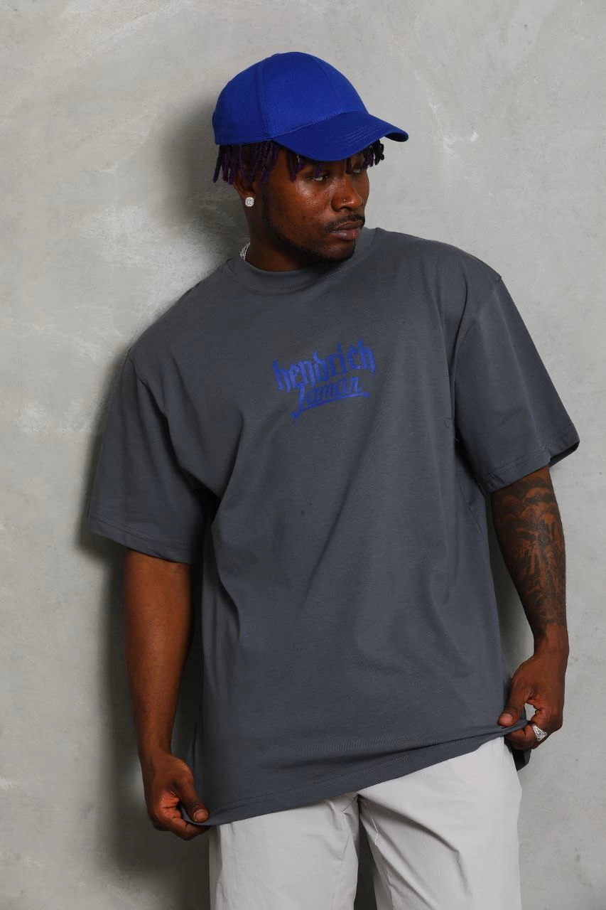 Erkek Baskılı Tişört Kısa Kol Bisiklet Yaka Oversize T-Shirt – Füme