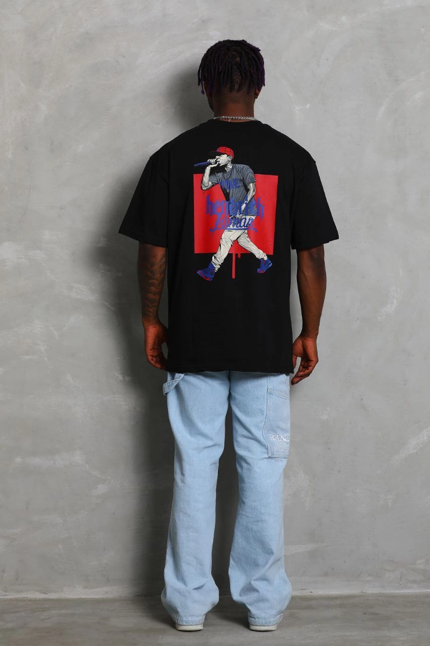 Erkek Baskılı Tişört Kısa Kol Bisiklet Yaka Oversize T-Shirt – – Siyah