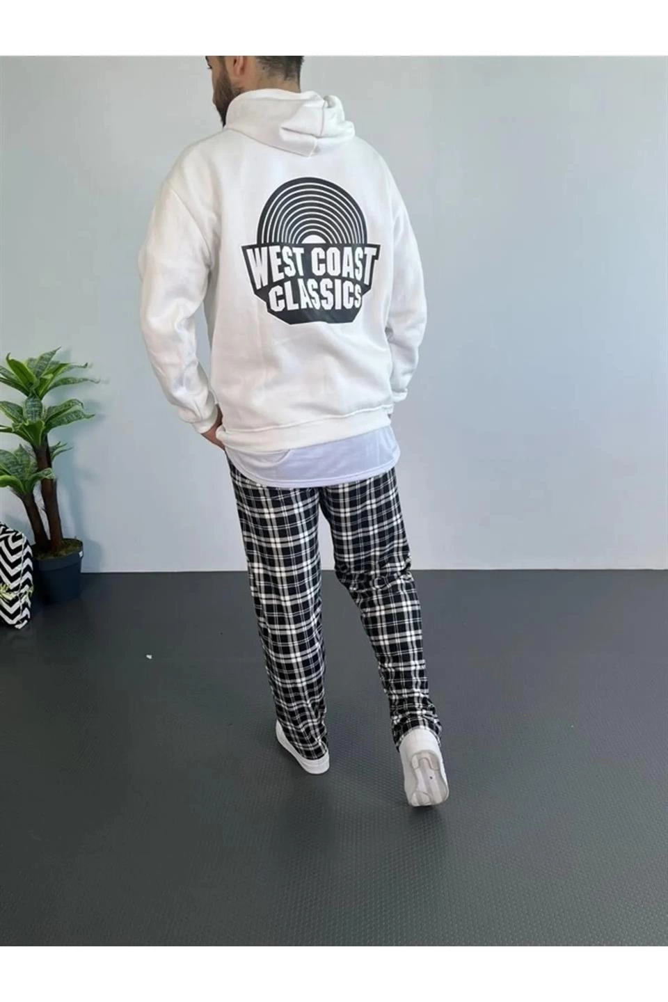 Erkek 3 İplik Pamuklu Kapüşonlu Baskılı Cepli Oversize Sweatshirt Hoodie - Beyaz - Image 2