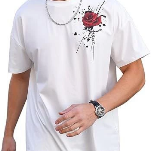 Erkek Kısa Kol Yazlık Tişört Bisiklet Yaka GÜL Baskılı T-Shirt – Beyaz