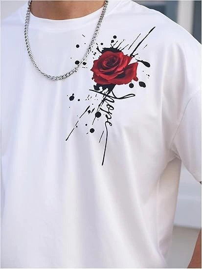 Erkek Kısa Kol Yazlık Tişört Bisiklet Yaka GÜL Baskılı T-Shirt – Beyaz