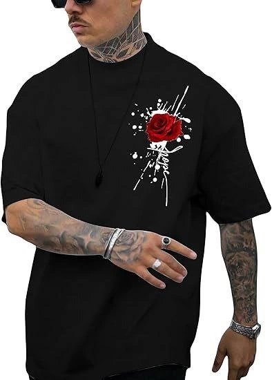 Erkek Kısa Kol Yazlık Tişört Bisiklet Yaka GÜL Baskılı T-Shirt – Siyah