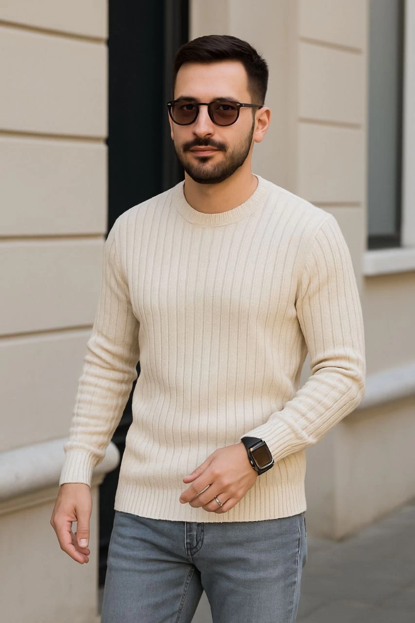 Erkek Bisiklet Yaka Triko Kazak Pamuklu Kalın Fitilli Dokuma Regular Fit – Bej