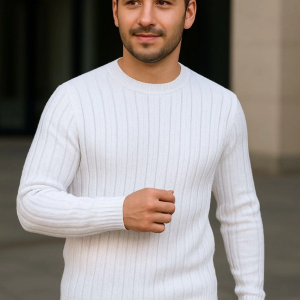 Erkek Bisiklet Yaka Triko Kazak Pamuklu Kalın Fitilli Dokuma Regular Fit – Beyaz