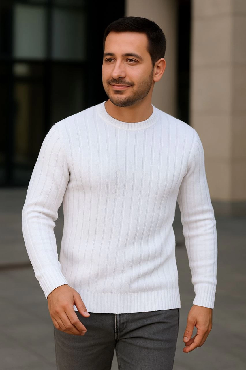 Erkek Bisiklet Yaka Triko Kazak Pamuklu Kalın Fitilli Dokuma Regular Fit – Beyaz