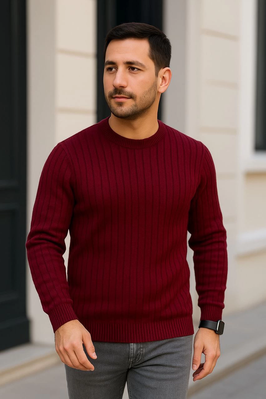 Erkek Bisiklet Yaka Triko Kazak Pamuklu Kalın Fitilli Dokuma Regular Fit – Bordo