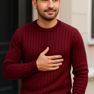 Erkek Bisiklet Yaka Triko Kazak Pamuklu Kalın Fitilli Dokuma Regular Fit – Bordo