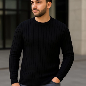 Erkek Bisiklet Yaka Triko Kazak Pamuklu Kalın Fitilli Dokuma Regular Fit – Siyah