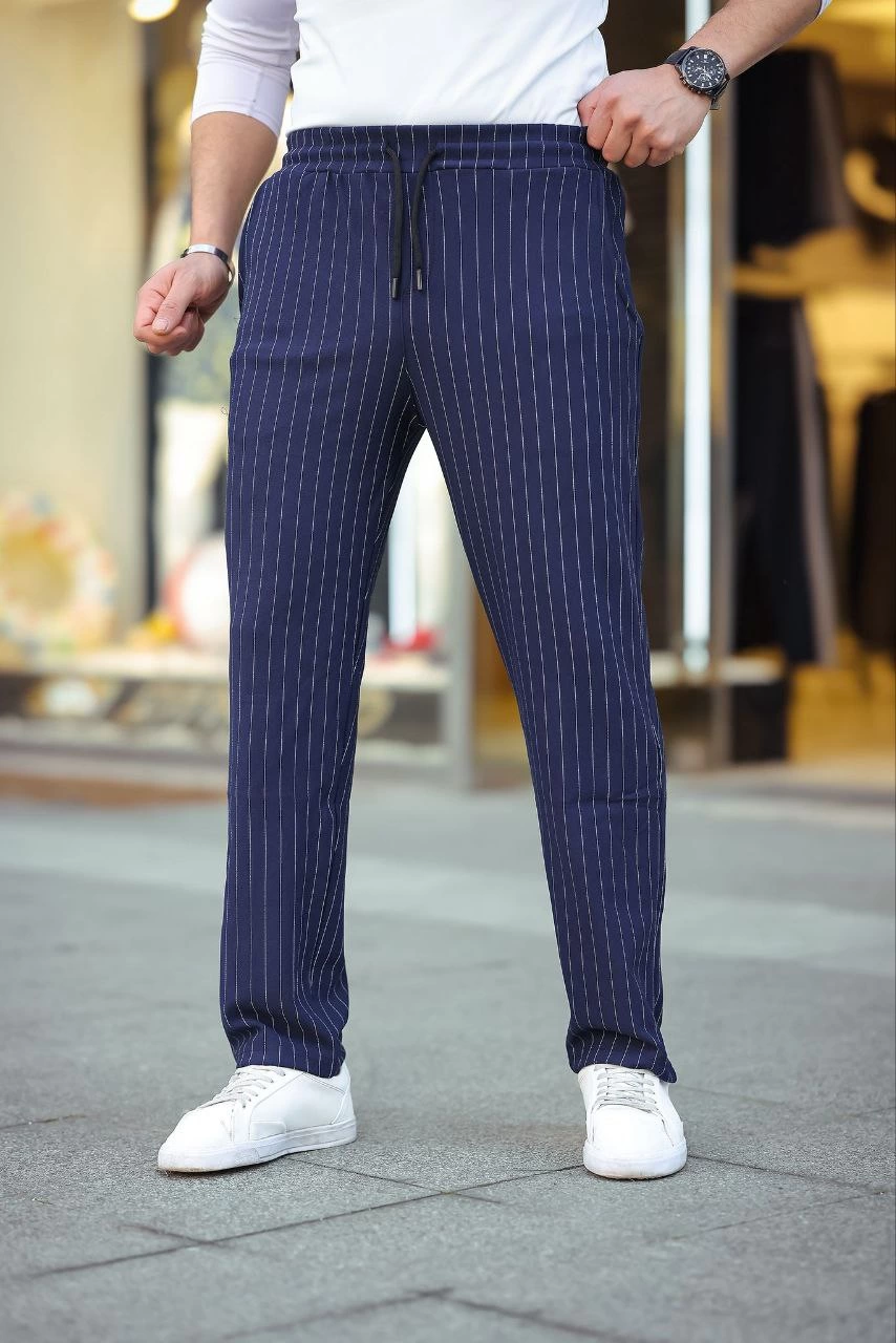 Erkek Cizgili Dokuma Krep Jogger Buggy Pantalon Rahat kalıp – Lacivert