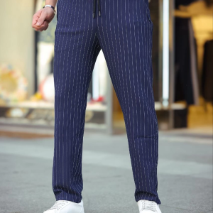 Erkek Cizgili Dokuma Krep Jogger Buggy Pantalon Rahat kalıp – Lacivert
