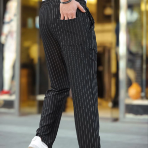 Erkek Cizgili Dokuma Krep Jogger Buggy Pantalon Rahat kalıp – Siyah