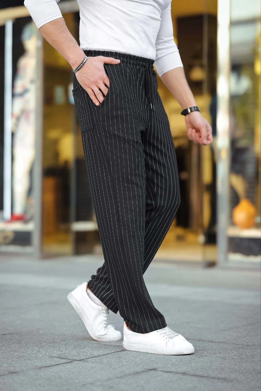Erkek Cizgili Dokuma Krep Jogger Buggy Pantalon Rahat kalıp – Siyah
