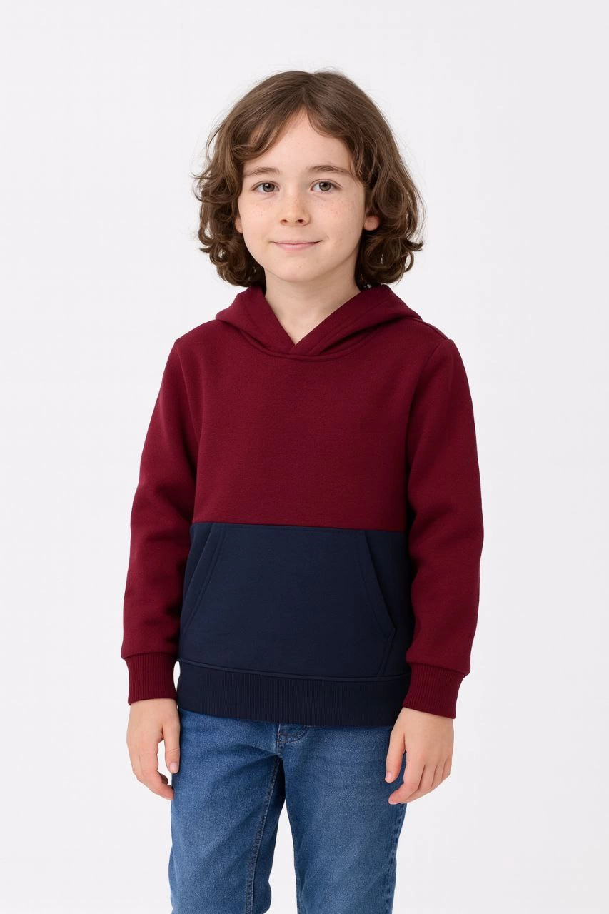 Erkek Çocuk Kapüşonlu Kanguru Cepli Parçalı SweatShirt – Renkli