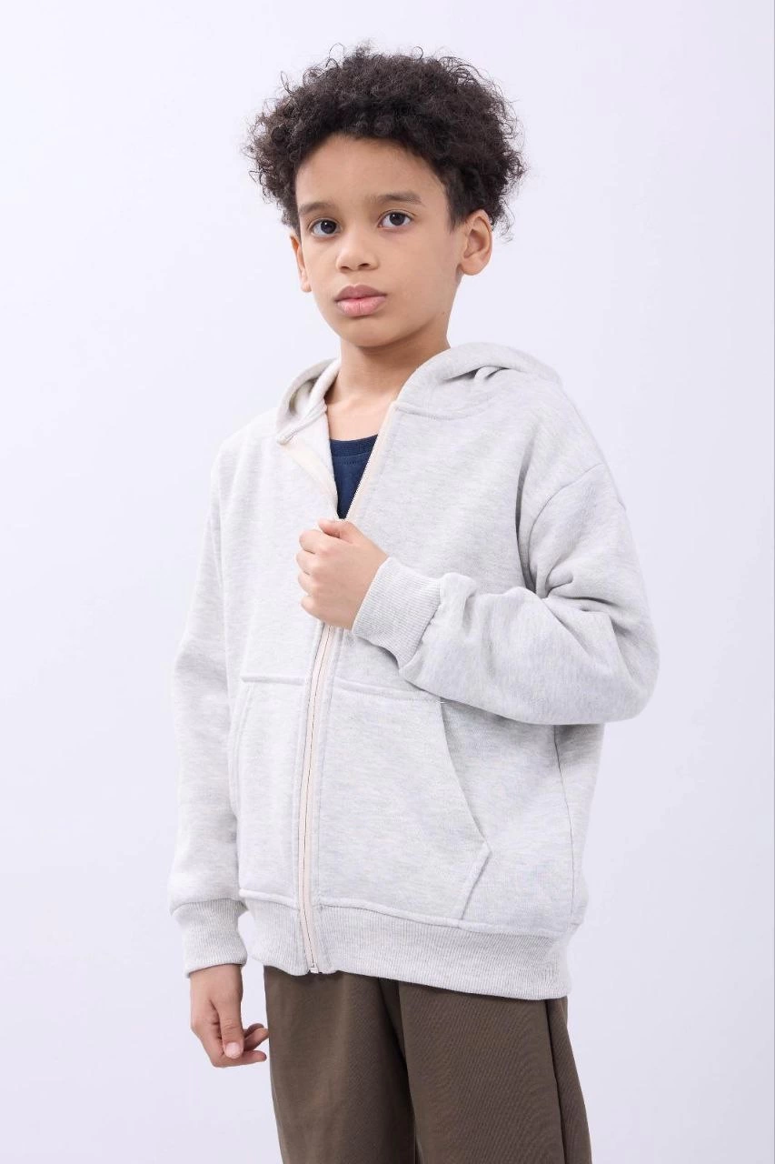 Erkek Çocuk Kapüşonlu Kanguru Cepli Tam Fermuarlı Hırka SweatShirt – Gri