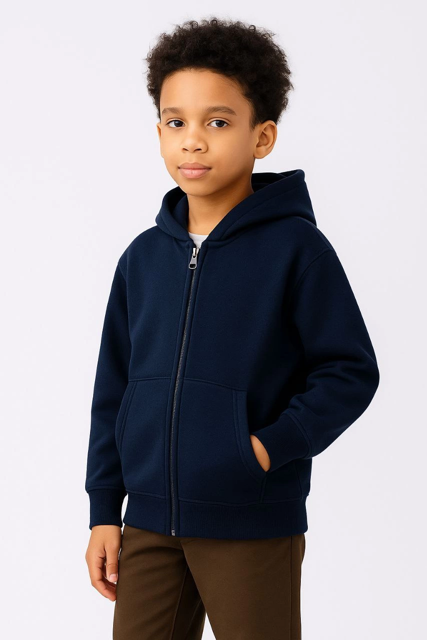 Erkek Çocuk Kapüşonlu Kanguru Cepli Tam Fermuarlı Hırka SweatShirt – Lacivert