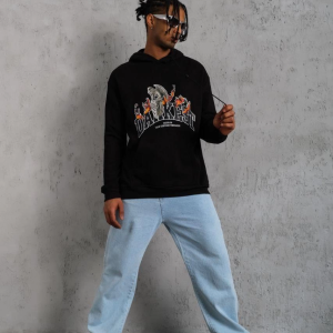 Erkek Kapüşonlu Kanguru Cepli Sweatshirt 3 İplik Pamuklu Baskılı Hoodie – Siyah