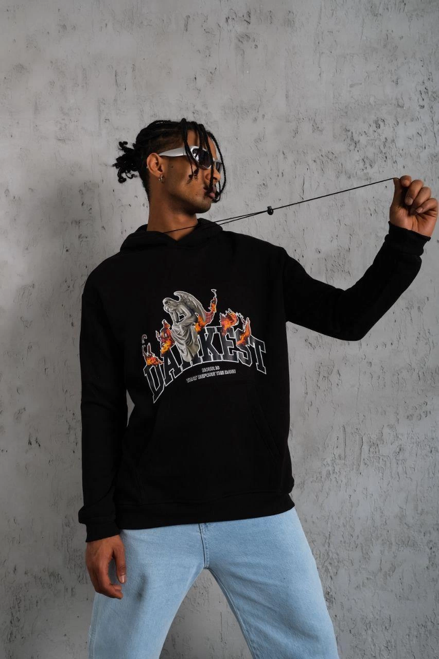Erkek Kapüşonlu Kanguru Cepli Sweatshirt 3 İplik Pamuklu Baskılı Hoodie – Siyah