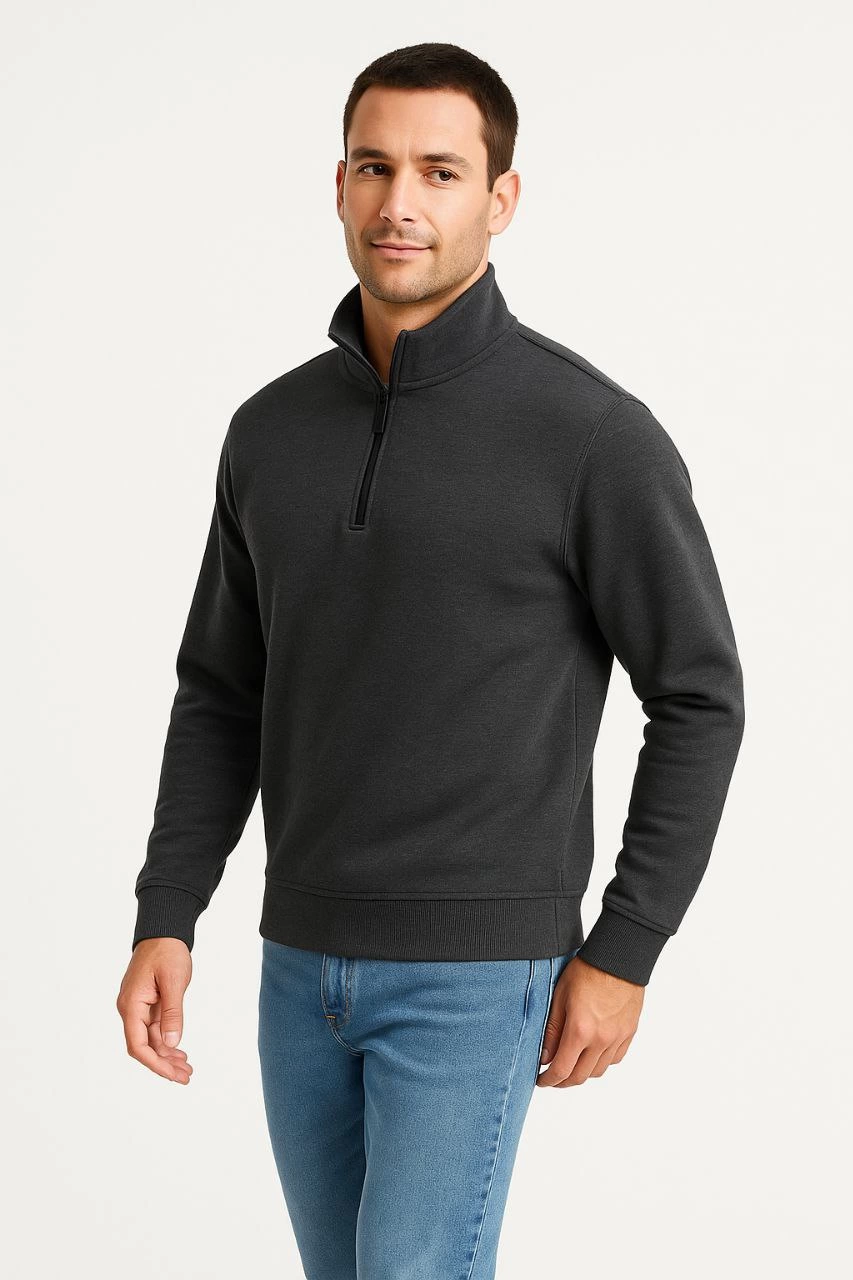 Erkek Dik Yaka Yarım Fermuarlı 3 İplik Pamuklu Sweatshirt – Antrasit