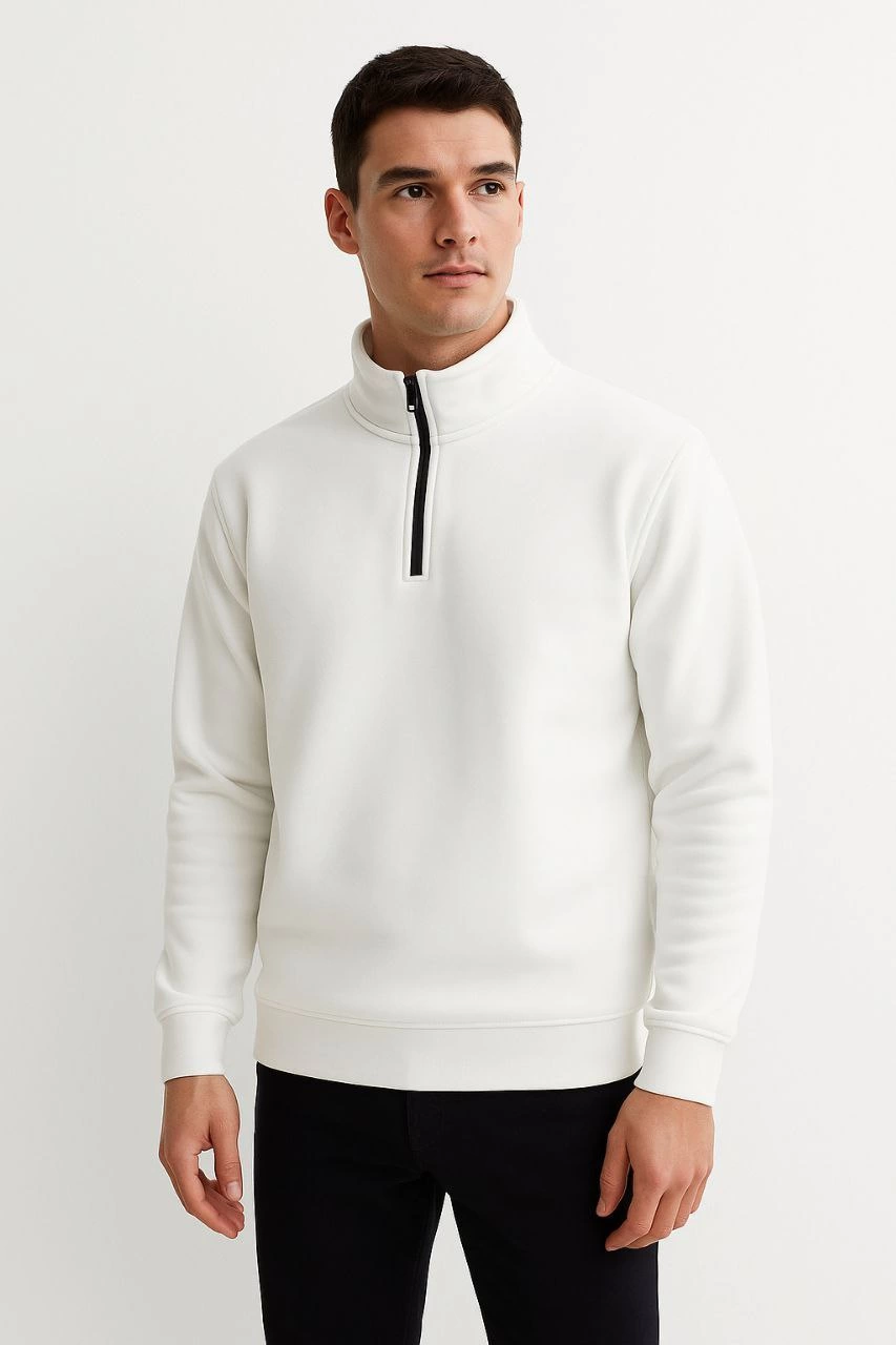 Erkek Dik Yaka Yarım Fermuarlı 3 İplik Pamuklu Sweatshirt – Beyaz