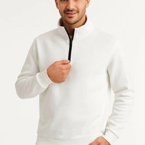 Erkek Dik Yaka Yarım Fermuarlı 3 İplik Pamuklu Sweatshirt – Beyaz
