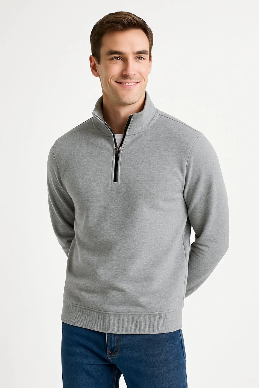 Erkek Dik Yaka Yarım Fermuarlı 3 İplik Pamuklu Sweatshirt – Gri