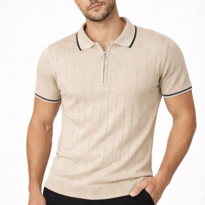 Erkek Yazlık Dokuma Triko Tişört Fermuarlı Polo Yaka Kısa Kol T-Shirt – Bej