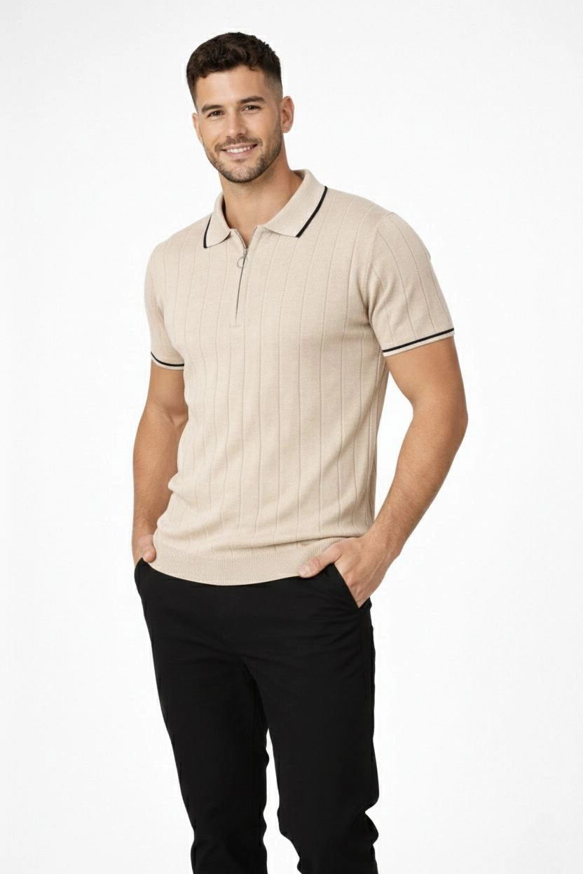 Erkek Yazlık Dokuma Triko Tişört Fermuarlı Polo Yaka Kısa Kol T-Shirt – Bej