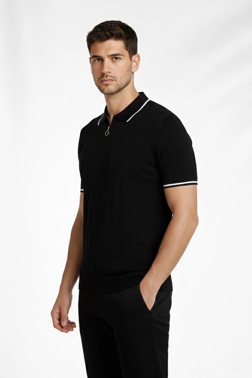 Erkek Yazlık Dokuma Triko Tişört Fermuarlı Polo Yaka Kısa Kol T-Shirt – Siyah