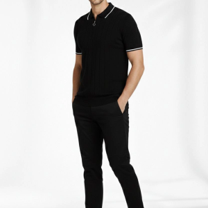 Erkek Yazlık Dokuma Triko Tişört Fermuarlı Polo Yaka Kısa Kol T-Shirt – Siyah