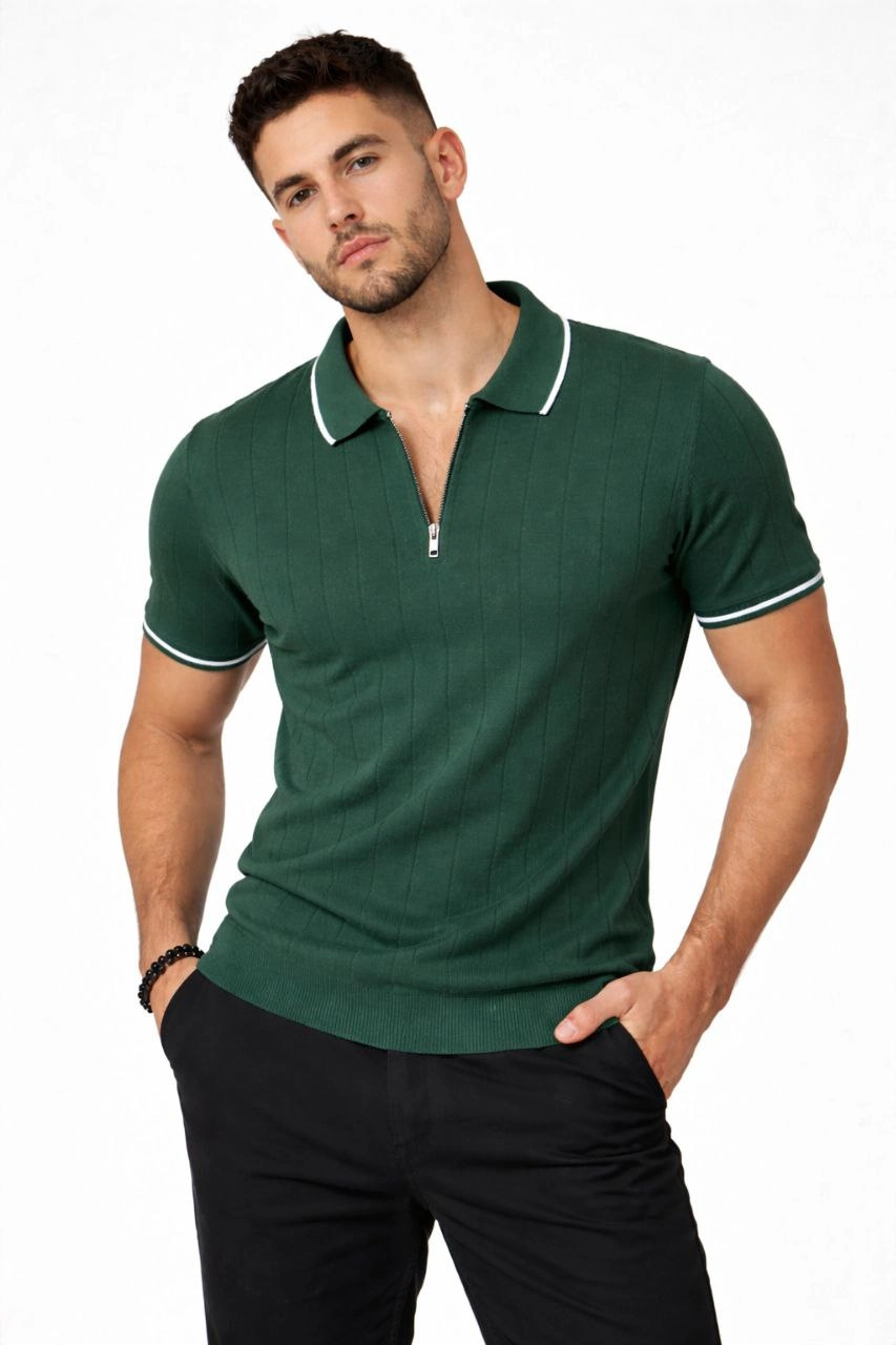 Erkek Yazlık Dokuma Triko Tişört Fermuarlı Polo Yaka Kısa Kol T-Shirt – Yeşil