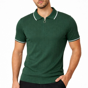 Erkek Yazlık Dokuma Triko Tişört Fermuarlı Polo Yaka Kısa Kol T-Shirt – Yeşil