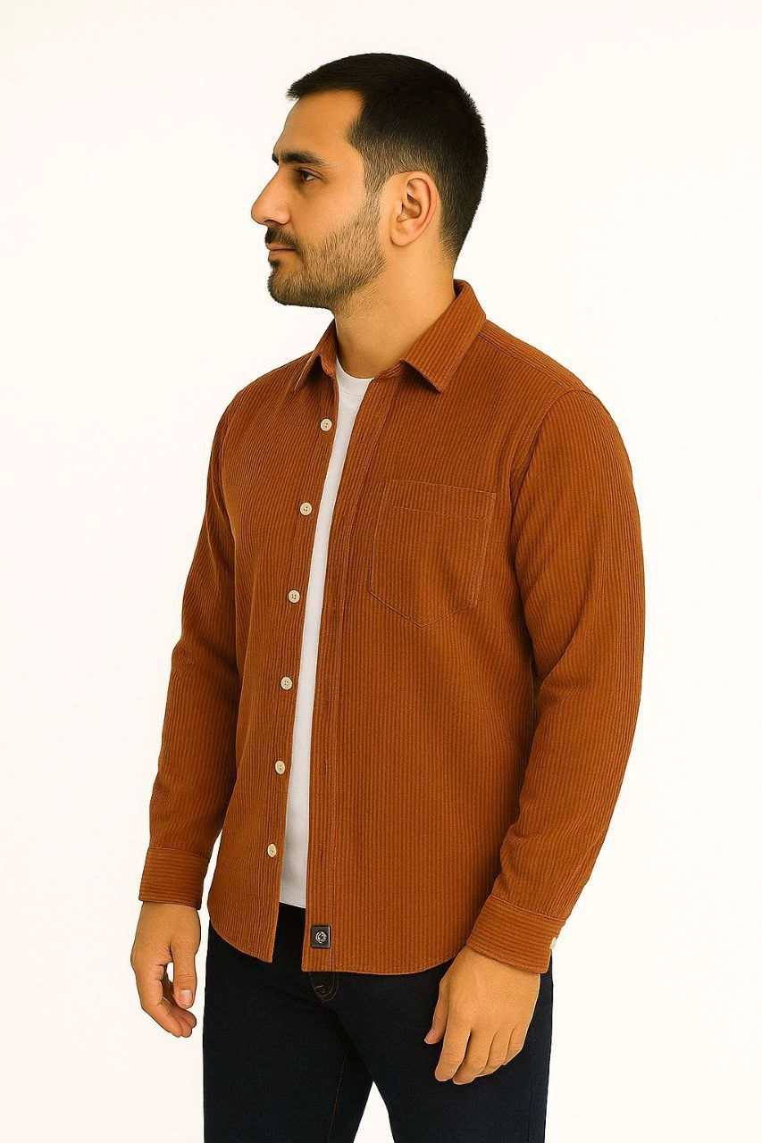 Erkek Fitilli Kadife Cepli Gömlek Oversize Rahat Kalıp – Kahverengi