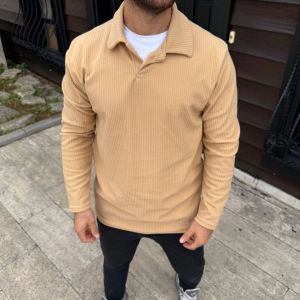 Erkek Fitilli Polar Sweatshirt Düğmesiz Yaka Oversize – Bej