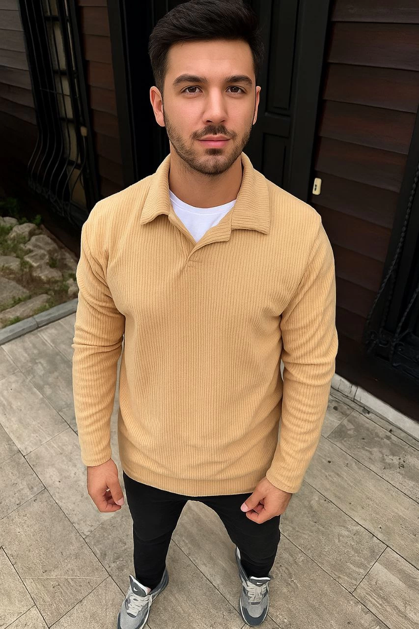 Erkek Fitilli Polar Sweatshirt Düğmesiz Yaka Oversize – Bej